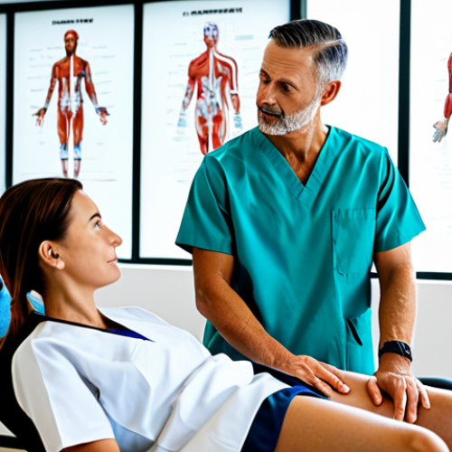 A compassionate physical therapist, fully clothed in professional scrubs, is patiently explaining a treatment plan to an attentive female patient in modest sportswear. They are in a brightly lit, modern physical therapy clinic, with anatomical charts and rehabilitation equipment visible in the background. The therapist is pointing to a diagram on a tablet, fostering understanding and trust. The atmosphere is calm and reassuring, emphasizing clear communication and patient consent. Safe for work, appropriate content, perfect anatomy, correct proportions, natural pose, well-formed hands, proper finger count, natural body proportions, professional photography, high quality, family-friendly.