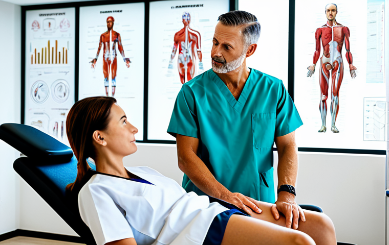 A compassionate physical therapist, fully clothed in professional scrubs, is patiently explaining a treatment plan to an attentive female patient in modest sportswear. They are in a brightly lit, modern physical therapy clinic, with anatomical charts and rehabilitation equipment visible in the background. The therapist is pointing to a diagram on a tablet, fostering understanding and trust. The atmosphere is calm and reassuring, emphasizing clear communication and patient consent. Safe for work, appropriate content, perfect anatomy, correct proportions, natural pose, well-formed hands, proper finger count, natural body proportions, professional photography, high quality, family-friendly.