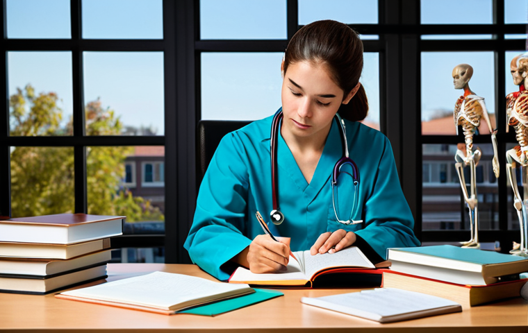 **

"A medical student studying physical therapy, surrounded by textbooks and anatomical models, fully clothed, appropriate attire, safe for work, perfect anatomy, correct proportions, professional study environment, desk setting, bright lighting, family-friendly, modest, high quality"

**