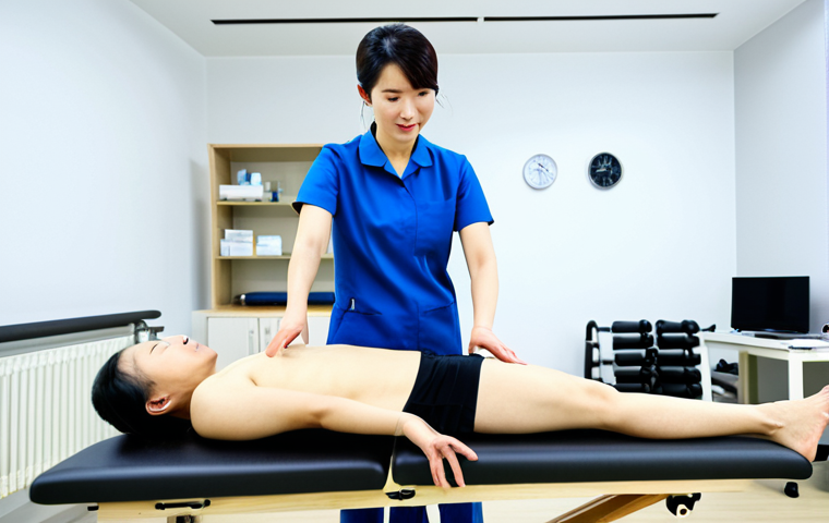 **

"A Korean physical therapist in a modern clinic setting, interacting with a patient. The therapist is fully clothed in professional attire, demonstrating an exercise. The environment is bright and clean, with rehabilitation equipment visible in the background. Safe for work, appropriate content, perfect anatomy, correct proportions, natural pose, well-formed hands, proper finger count, natural body proportions, professional, family-friendly."

**