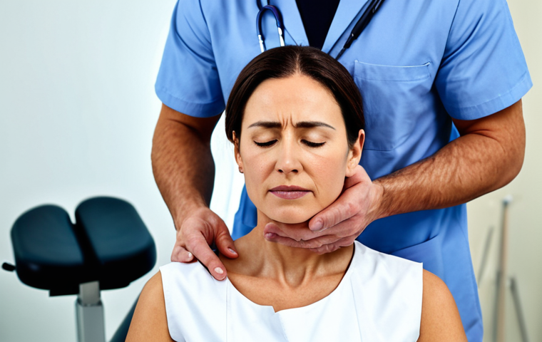 물리치료사의 도수치료 사례 연구 - "A professional physical therapist gently manipulating a patient's neck, focused and professional, m...